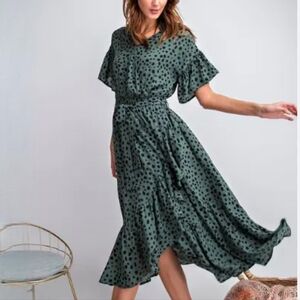 NWT Easel Flirty Dot Green Black Spotted Leopard Wrap Dress